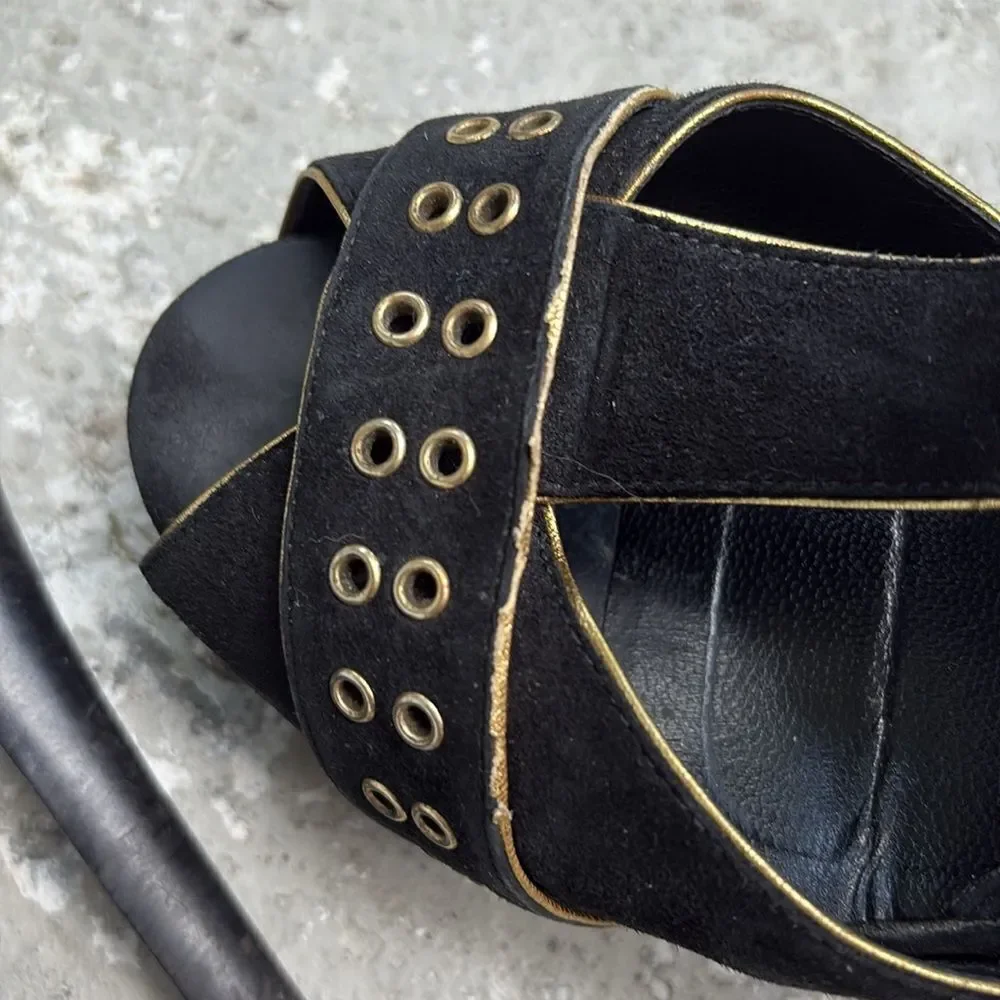Fendi T strap suede platforms with gold grommets
